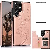 Asuwish Case for Samsung Galaxy S22 Ultra with Tempered Glass Screen Protector, Flip Wallet Cases Leather Stand with Card Holder,Double Magnetic Clasp and Durable Shockproof Cover S22Ultra (Rose Gold)