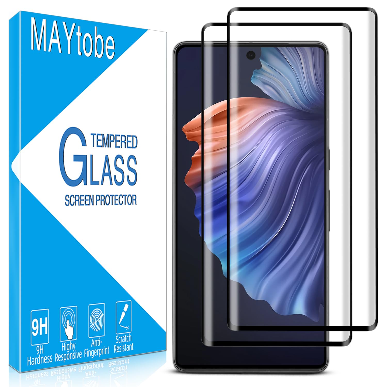 MAYtobe 2 Pack Screen Protector for Google Pixel 7 Pro Tempered Glass, 3D Curved Full Coverage, Fingerprint ID Compatible, 9H Hardness, Bubble Free, Anti Scratch, Easy To Install