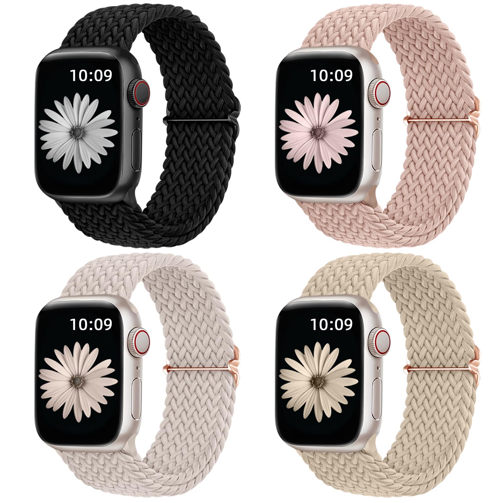 Photo 1 of DaQin 4 Pack Stretchy Braided Solo Loop Compatible with Apple Watch Band 40mm 38mm 41mm 42mm 44mm 45mm 46mm 49mm Women Men, Elastic Nylon Strap for iWatch Series 10 9 8 7 6 5 4 3 2 1 SE Ultra/Ultra 2