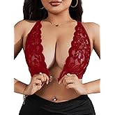 MAKEMECHIC Women's Plus Size Lace Bralette Front Closure Bras Wireless Deep V Triangle Sexy Lace Bra