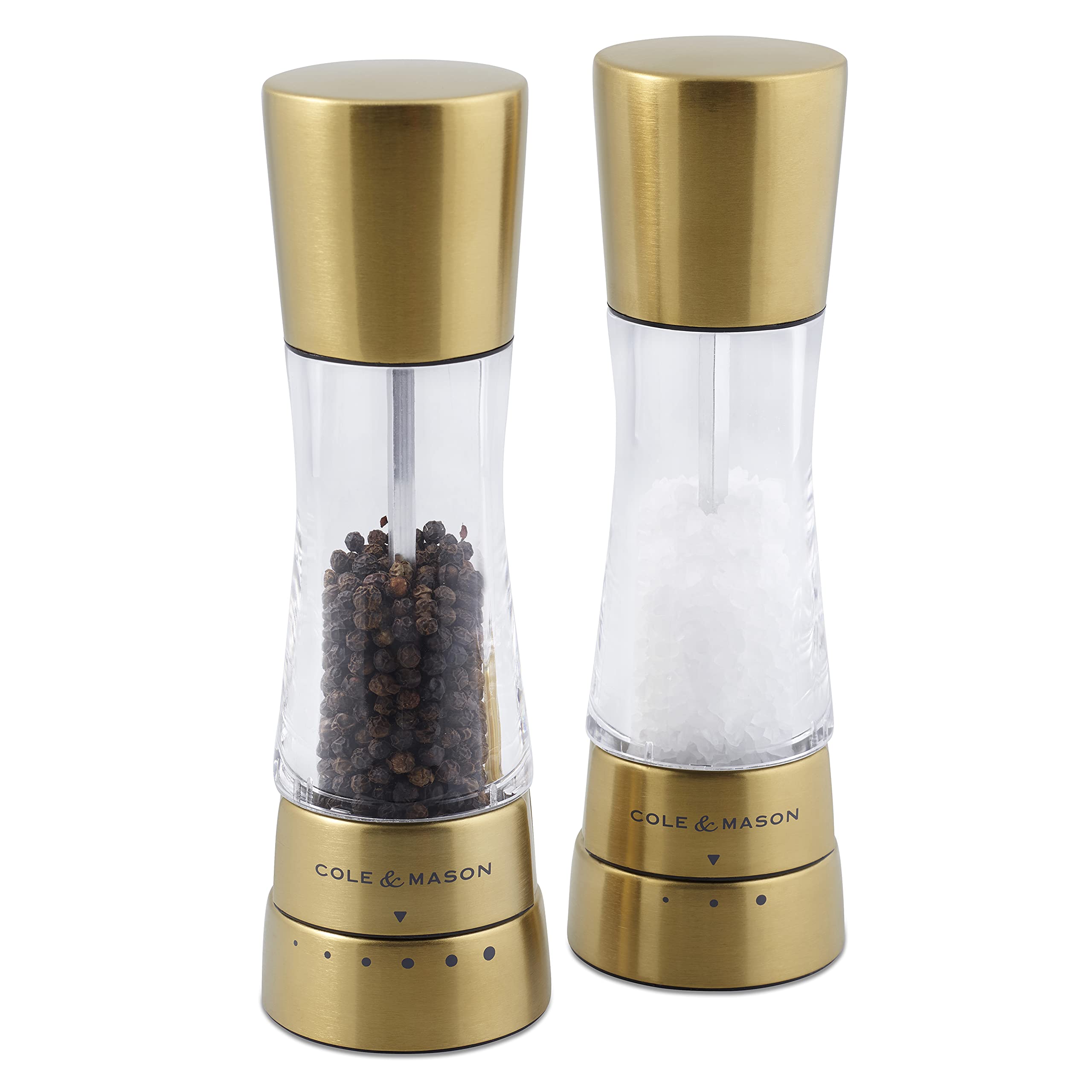 Cole & Mason Derwent Matt Gold Salt and Pepper Mills, Adjustable Grind Settings, Gourmet Precision+, Stainless Steel/Acrylic, 190 mm, Gift Set, Includes 2 x Salt and Pepper Grinders