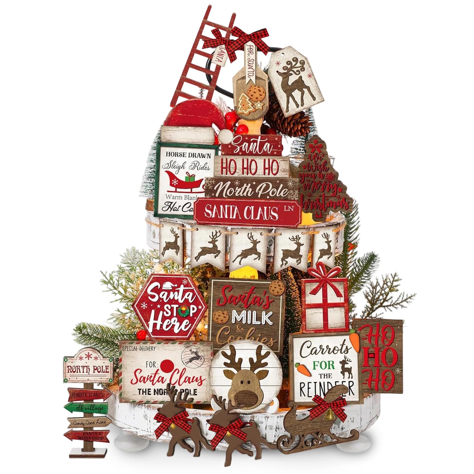 Photo 1 of 24 Pcs Christmas Tiered Tray Decor Set, Winter Decor with Reindeer, Santa Hat, Gift Boxes and Mini Wooden Signs, Farmhouse Christmas Home Decor for Table Shelf Holiday Centerpiece