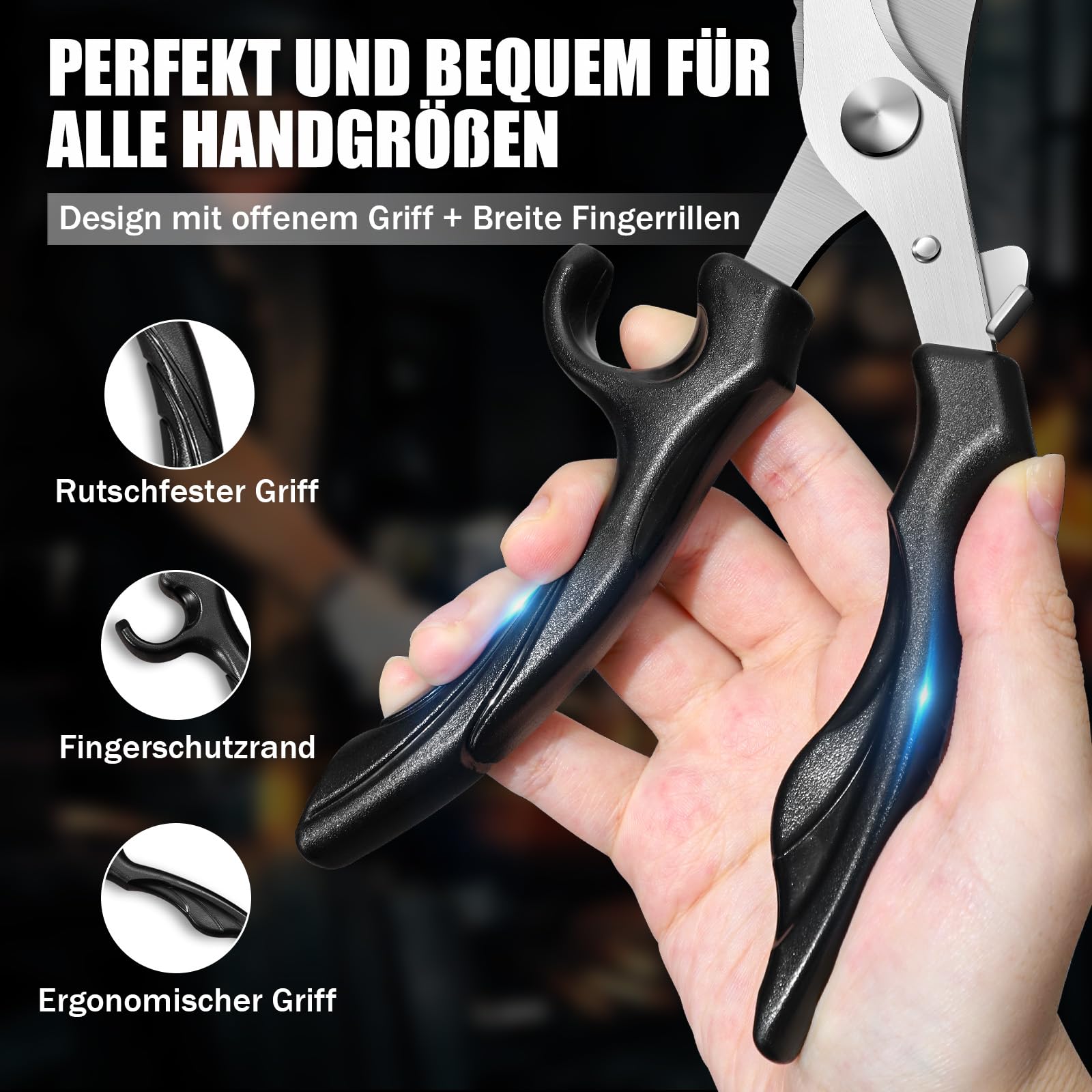 PURPLE BIRD GK02 Geflügelschere Küchenschere Profi, 4mm Edelstahl fleischschere mit Sicherheitsschloss & Federbelastung, 103° Schneidwinkel für Fleisch, Gemüse und Knochen, Rutschfester Griff 3