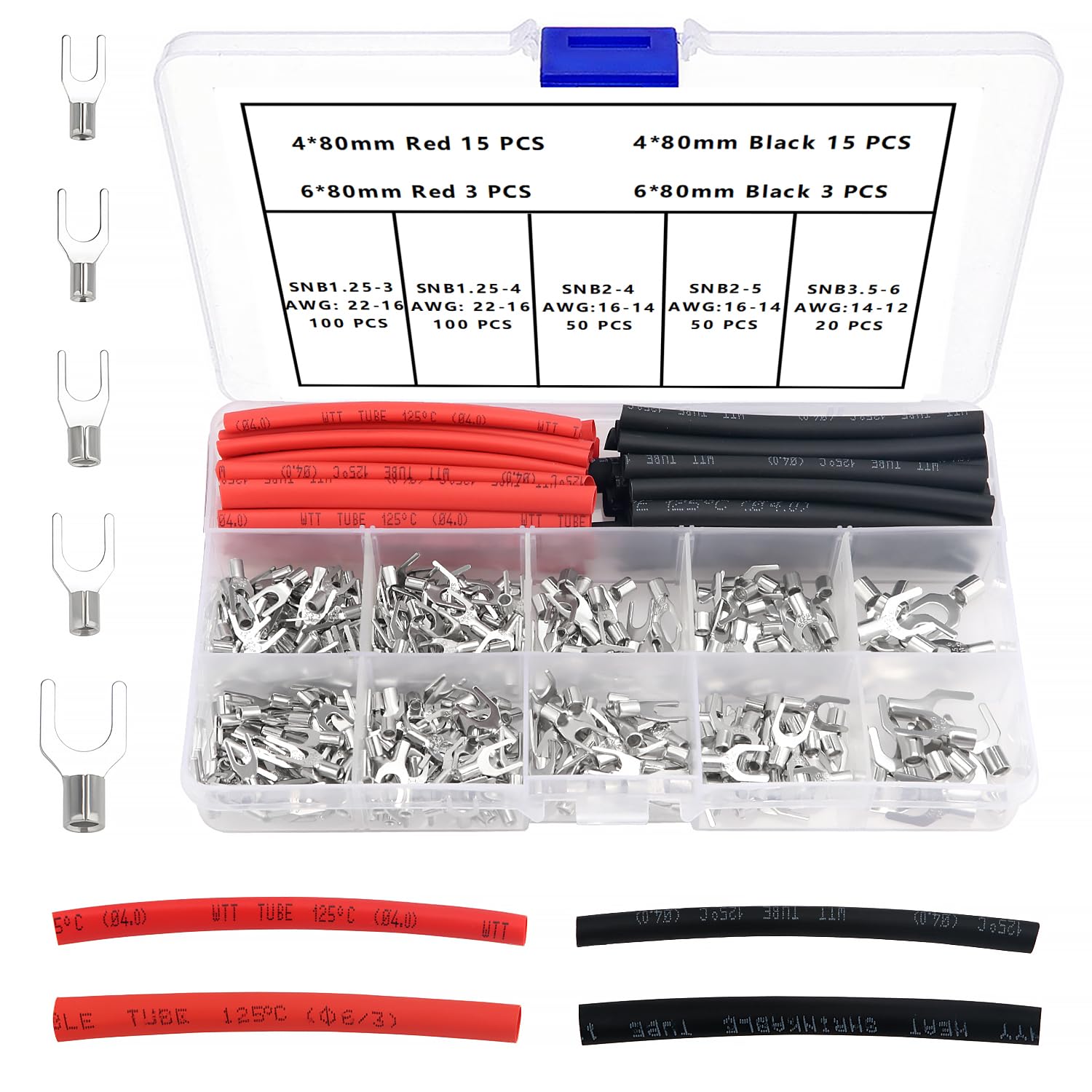YIXISI 356 PCS M3/M4/M5/M6 Non-Insulated Fork Terminals Kit, Tin Plated Copper Fork Lug Crimp Cable Connectors, with Heat Shrink Tube, AWG 22-16 16-14 14-12