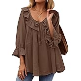 ZESICA Womens Scoop Neck 3/4 Length Sleeve Tops 2026 Casual Tie Front Ruffle Tiered Loose Tunic Shirts Blouses Fall Outfits