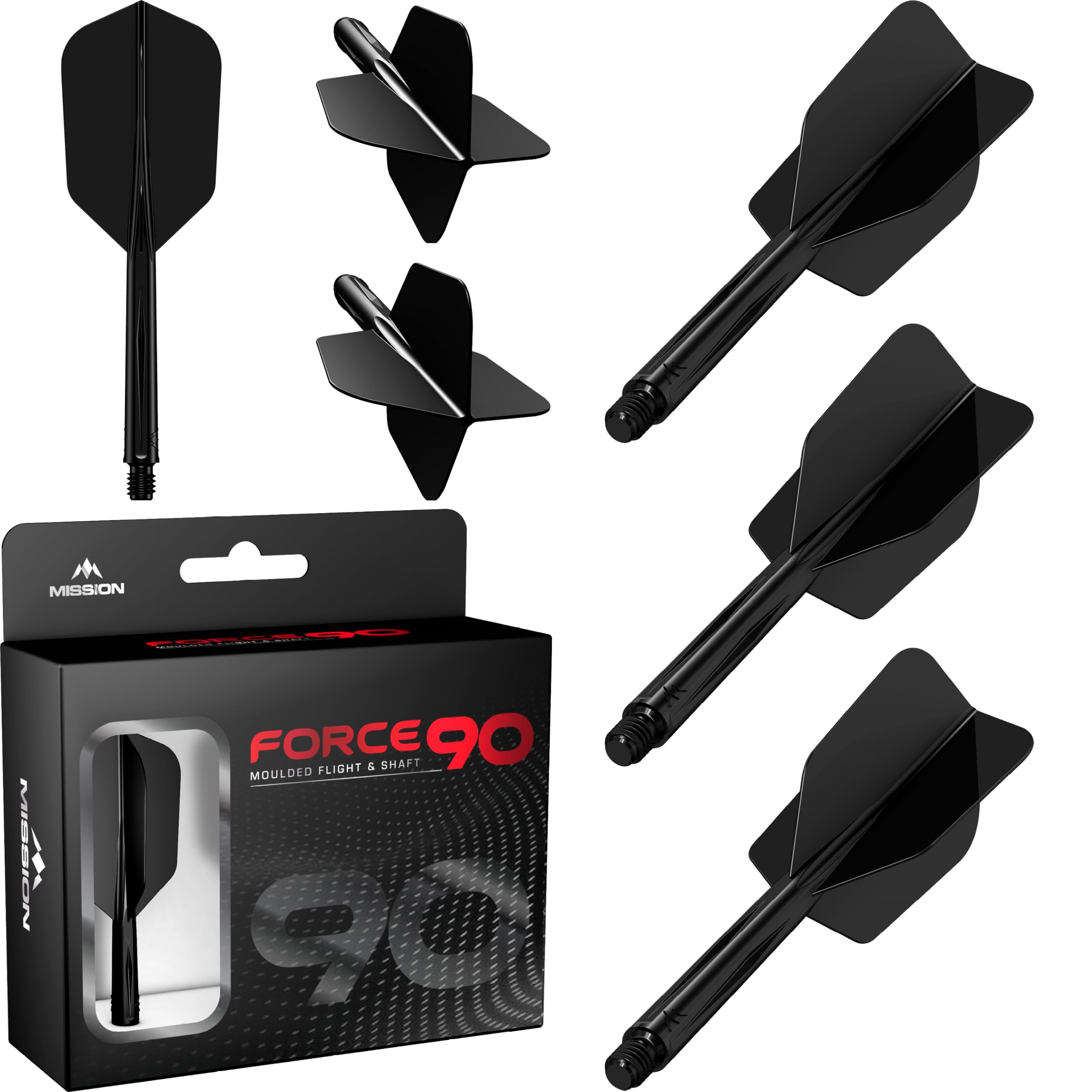 Mission Darts Force 90 | Integrated Precision Moulded Dart Flight And Shaft System, Pack of 3 Professional Highly Durable 2-In-1 Combined Dart Flights And Stems | Slim (Black, Short)