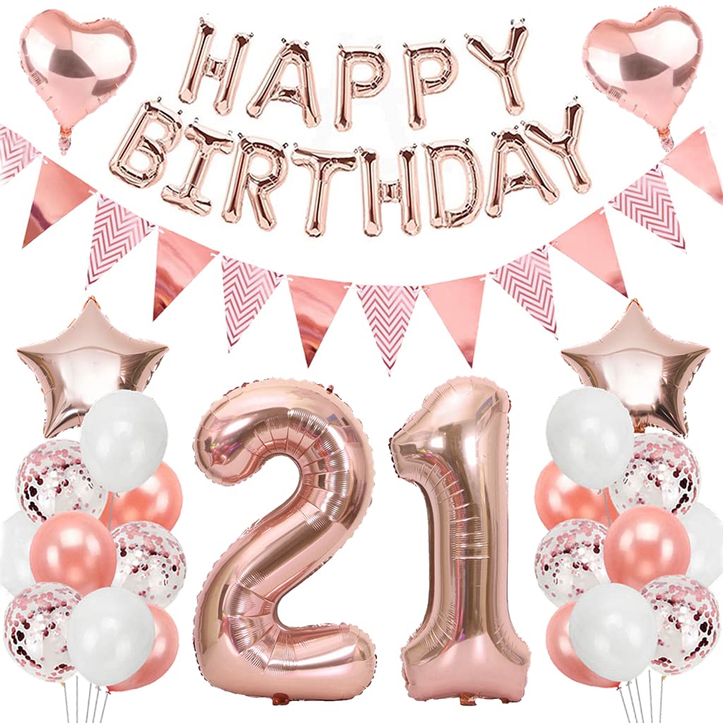 Ouceanwin 21st Birthday Decoration Rose Gold Birthday Party Decoration Set, Giant Balloon Number 21, Helium Balloons Happy Birthday Garland, Bunting Banner, 21th Birthday Decoration for Girls Women
