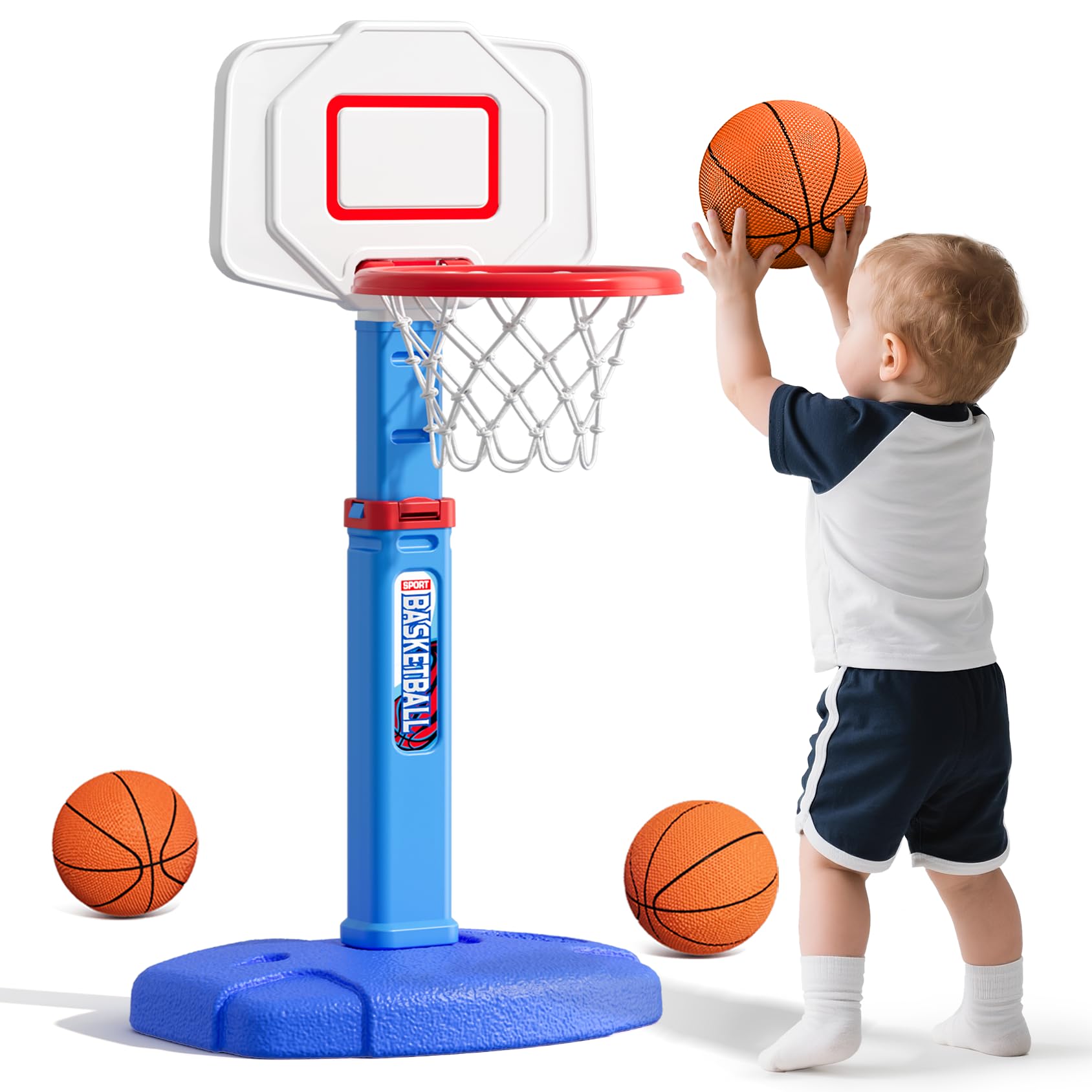 HYES Toddler Basketball Hoop, Adjustable Height Indoor Basketball Hoop for Kids 1-3, Foldable Mini Basketball Goal with 3 Balls, Outdoor Poolside Sport Toy, Birthday for Baby Boys Girls