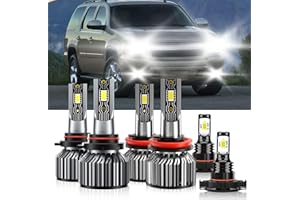 TXBILMOO Compatible For Chevrolet Tahoe 2007-2015 9005 H11 High/Low Beam 5202 Fog Light Bulbs, 600% Brightness 6500K White with Cooling Fan, Plug and Play, IP68 Waterproof Pack of 6
