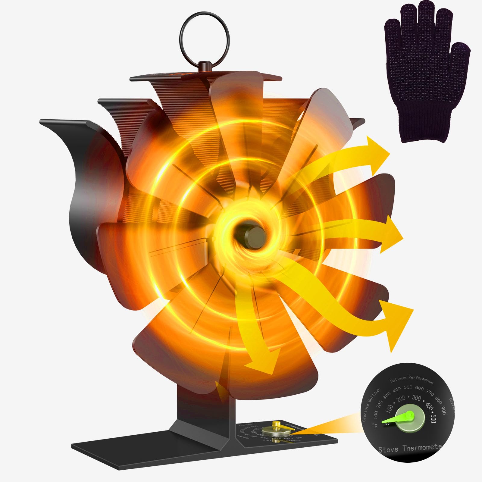 Dnieheic 8-Blade Log Burner Fan, Wood Burning Stove Fan, Heat Powered Silent Operation, Built-in Thermometer and Heat Resistant Gloves
