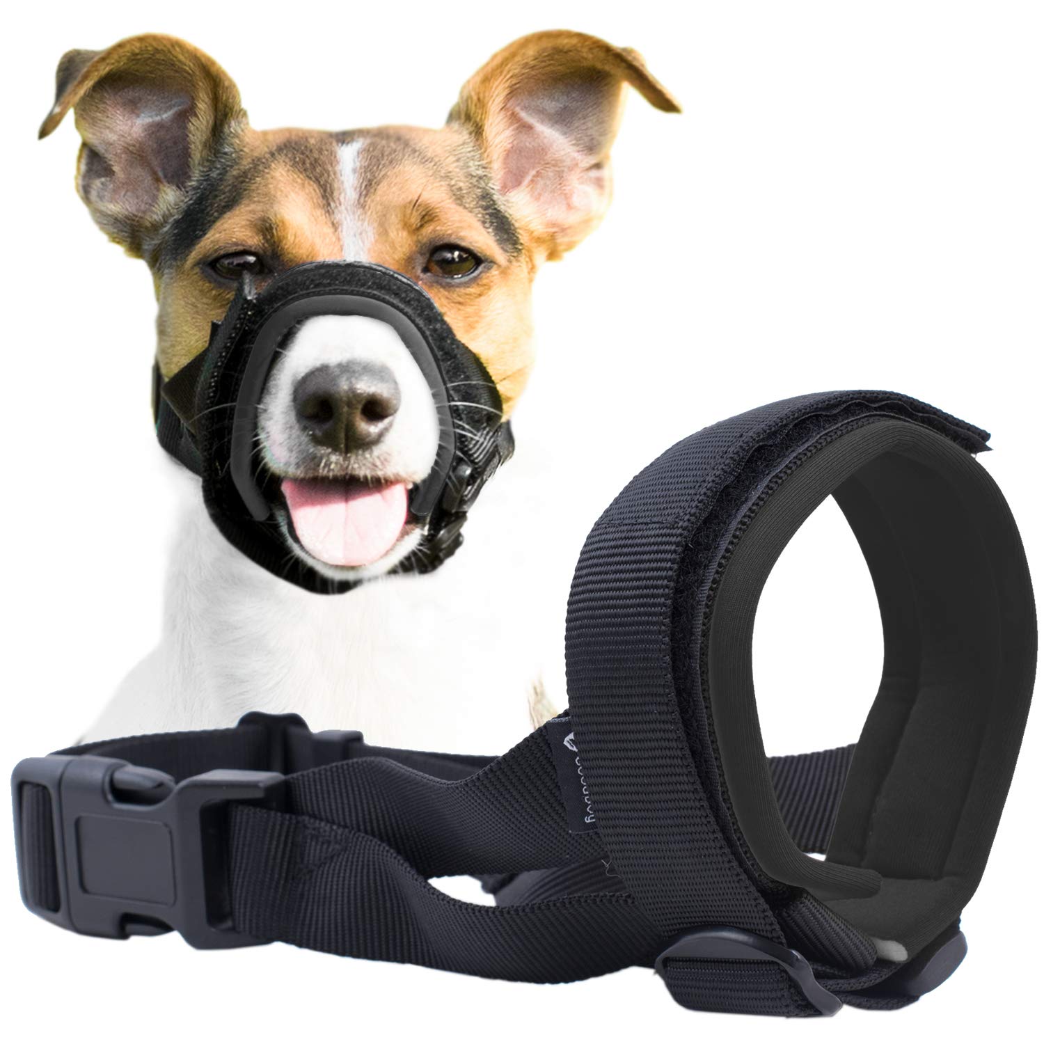 Gentle Muzzle Guard for Dogs - Prevents Biting and Unwanted Chewing Safely – New Secure Comfort Fit - Soft Neoprene Padding – No More Chafing – Training Guide Helps Build Bonds with Pet (Grey, S+)
