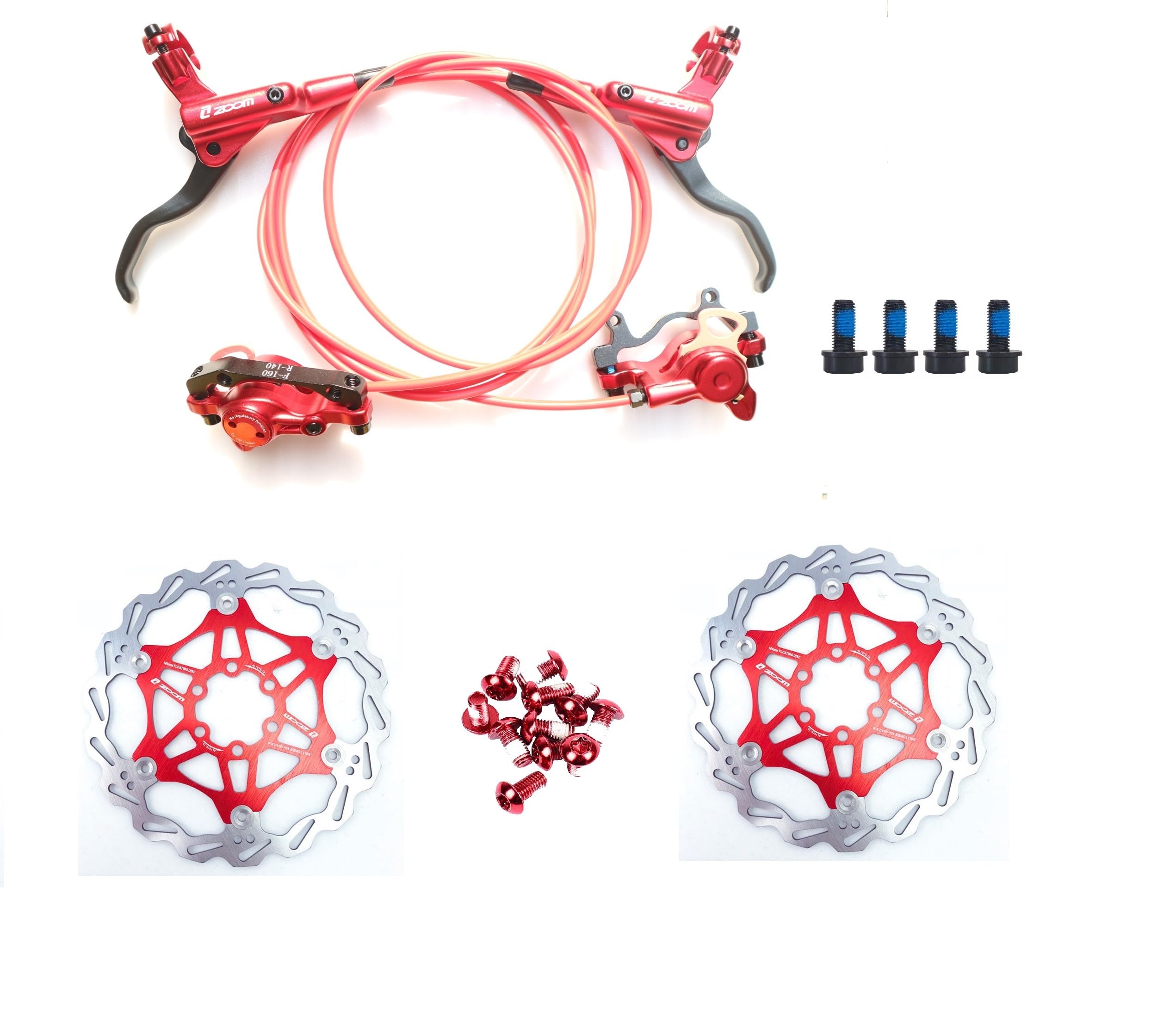 NYK Zoom Hydraulic Disc Brakes Pro Mountain Bike Sets MTB Front & Rear Set with Floating Disc Rotor 160mm & Color Bolts (Red)