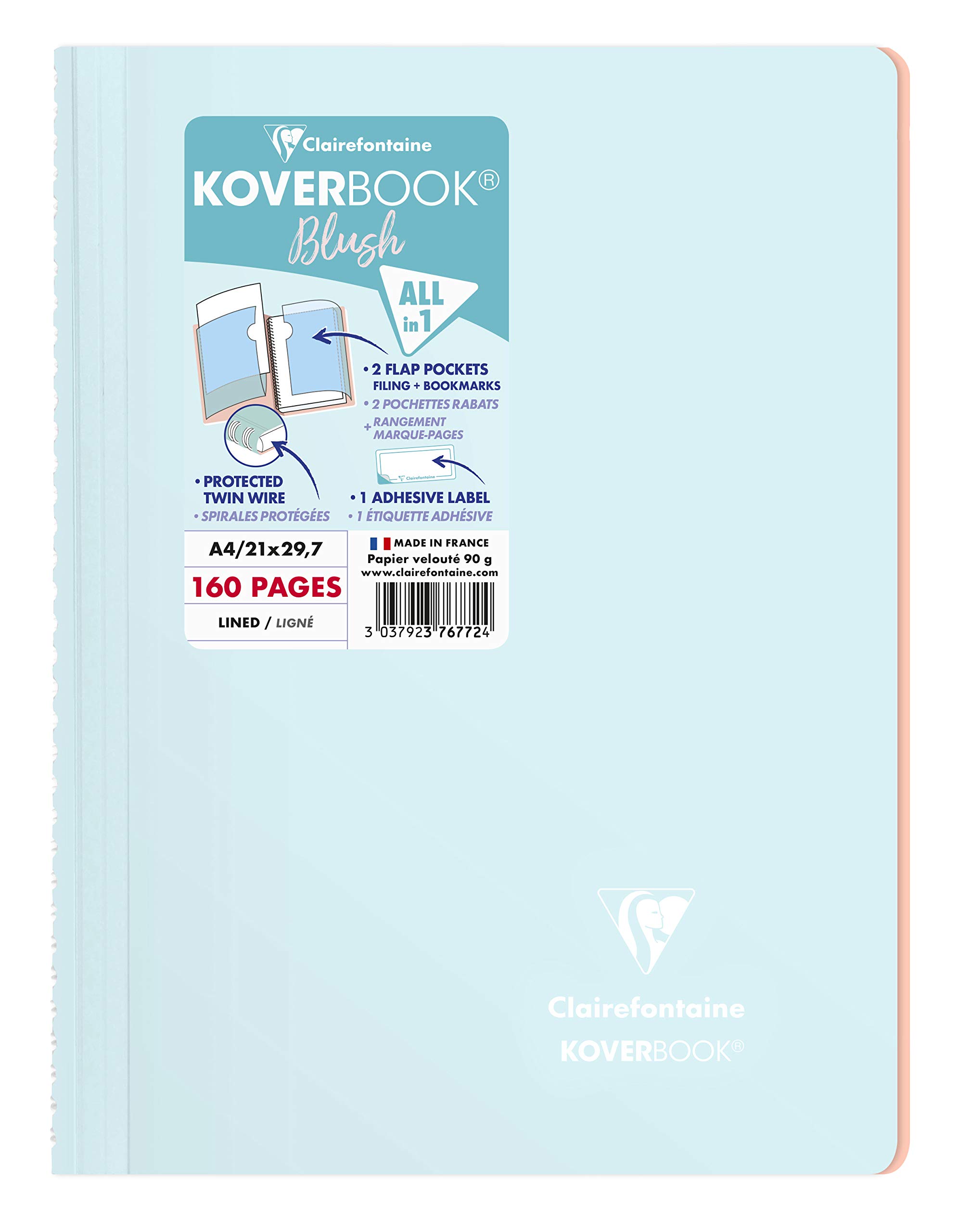 Clairefontaine 376772C - One Spiral Notebook Koverbook Blush Frosted Blue - A4 21x29,7 cm - 160 Lined Pages - White Paper 90 g - Wraparound Polypro Cover