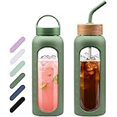 WINSA 32 oz Glass Water Bottle, 1 Liter Glass Tumbler with Straw, Reusable Drinking Bottles with 2 Lids-Handle Lid&Bamboo Straw Lid, Silicone Sleeve, for Sports, Home,1 Pack-Olive