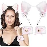 Amariver Cat Ear Headband and Wristbands for Women White and Pink Cat Ears Headbands Animal Headband for Halloween Cosplay Accessories Set for Theme Party Fluffy Cat Ear Hair Band with Bells