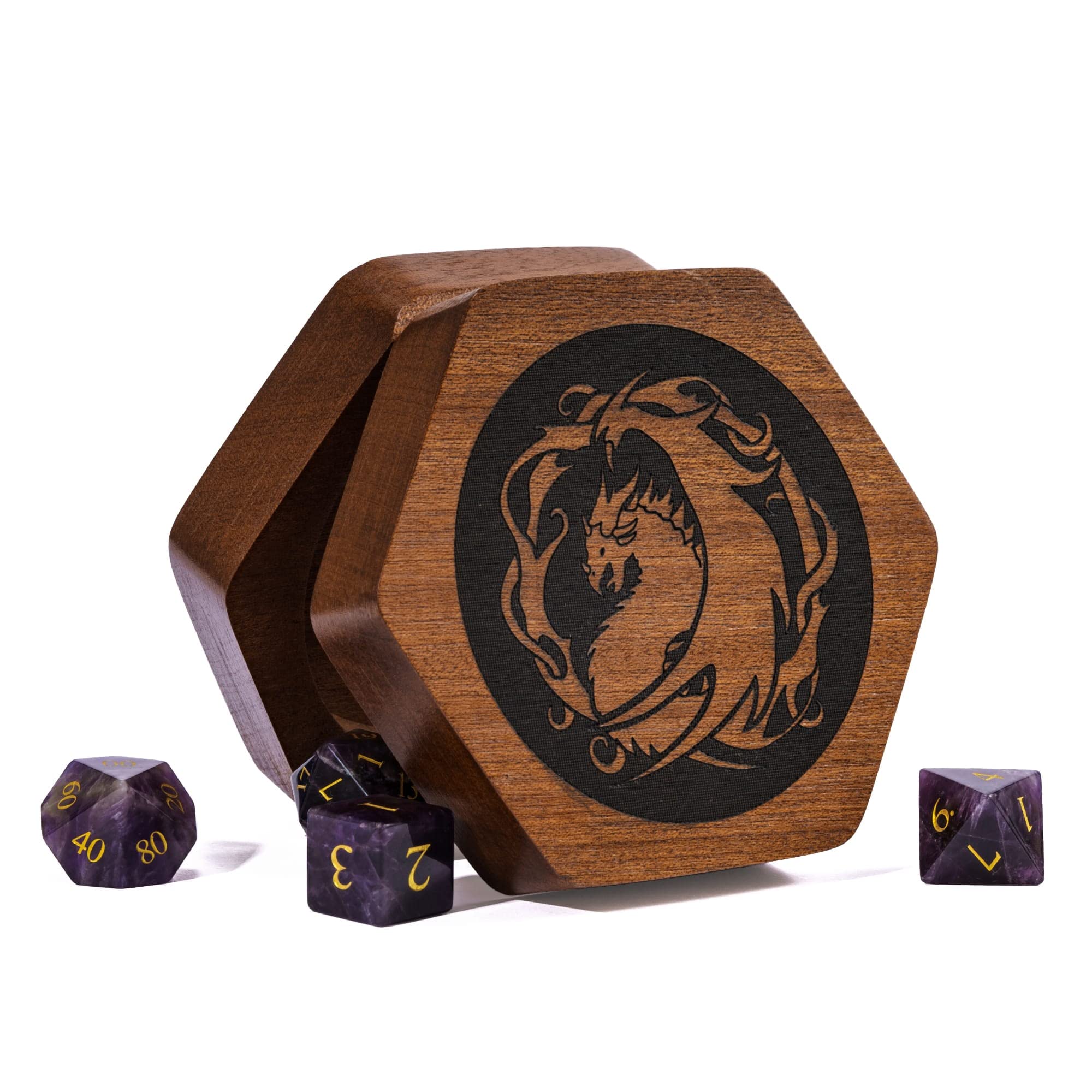UDIXI Wooden DND Dice Box Sapele Dice Case with Magnetic Lid for Storage 7-Die Standard Size Polyhedral Dice D&D (Hexagonal-Dragon Pattern)