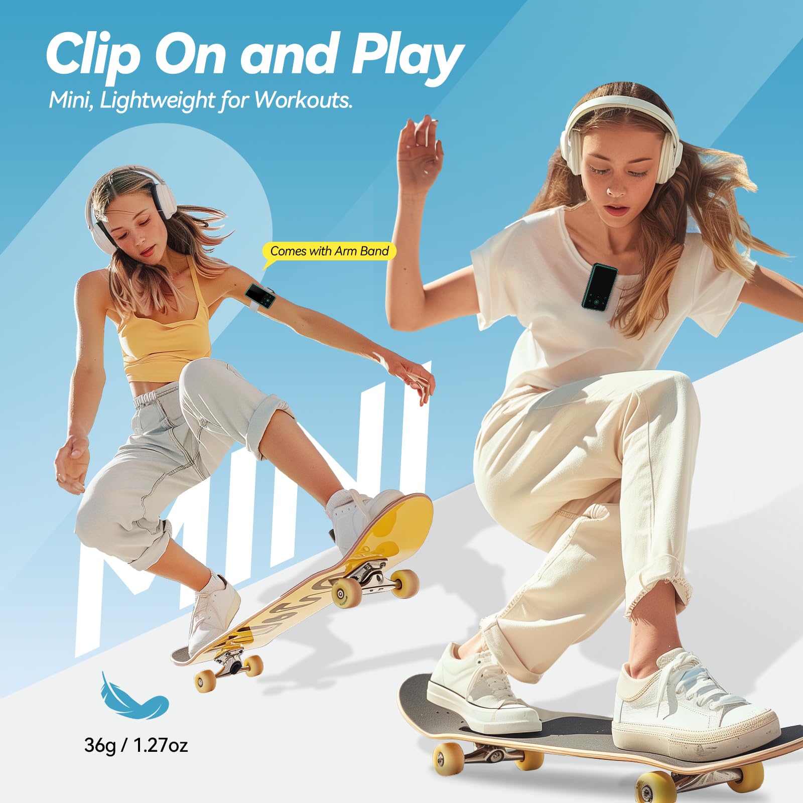 AGPTEK 64GB MP3 Player with Clip, 1.8 inch Bluetooth 5.3 Music Player with FM Radio, Voice Recorder for Sport Running, Supports up to 128GB Memory Card, Model: M2, Blue