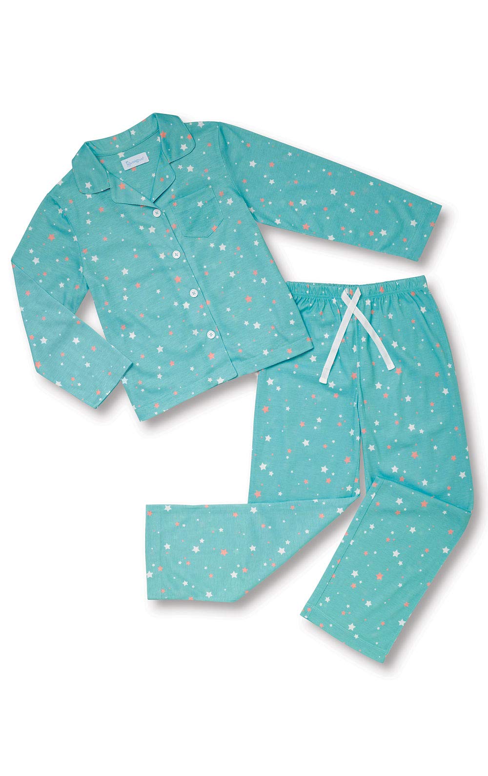 PajamaGram Kids PJs Girls - Girls Cotton Pajamas, Aqua Stars, 14 Image