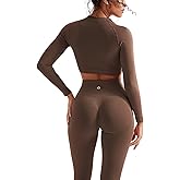 SUUKSESS Women 2 Piece Workout Sets Hidden Scrunch Hip Lifting Seamless Leggings Long Sleeve Yoga Crop Tops