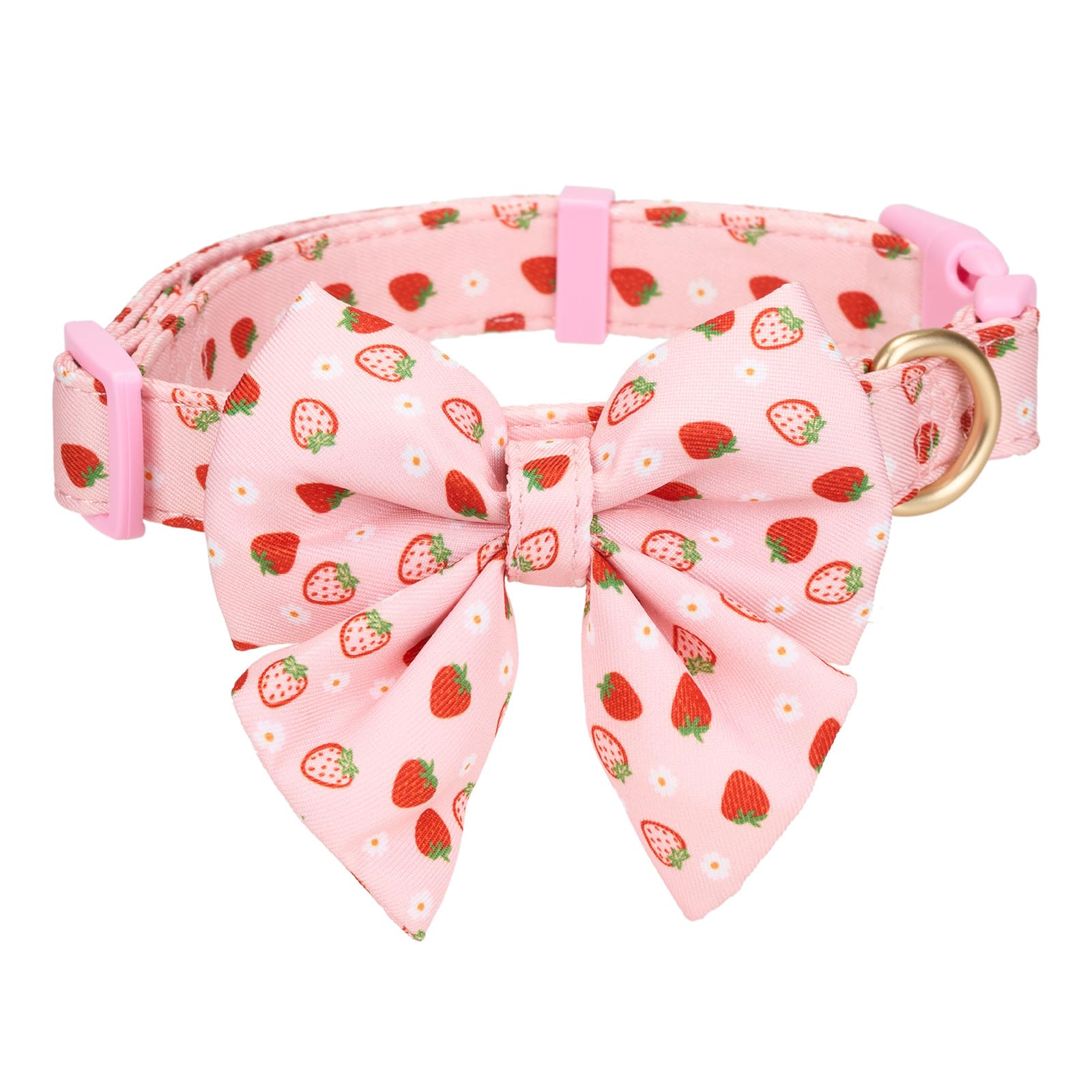 Petiry Pink Dog Collar with Detachable Sailor BowTie,Quick Release Buckle - Adjustable Fit,Lightweight and Comfortable,Strawberry Pattern Design,Small — image 1