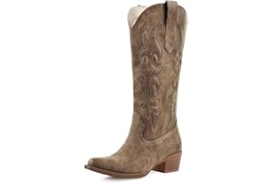 Foscape Cowboy Boots for Women, Knee High Cowgirl Boots with Chunky Heel, Snip Toe Side Zipper Padded Embroidery, Ideal for L