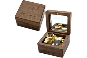 Luxury Walnut Wood Music Box -Edelweiss, Vintage Wooden Carved Mechanism Wind Up Musical Box with Mirror for Valentine's Day 