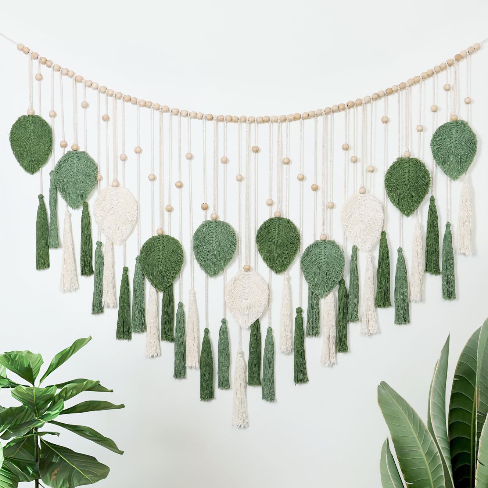 Dremisland Macrame Wall Hanging Beige Green Leaf Tassel Large Tapestry with Wooden Bead Boho Handmade Woven Wall Tapestry Art Decor for Bedroom Living Room Apartment Backdrop, 51.2" W x 31.5" L