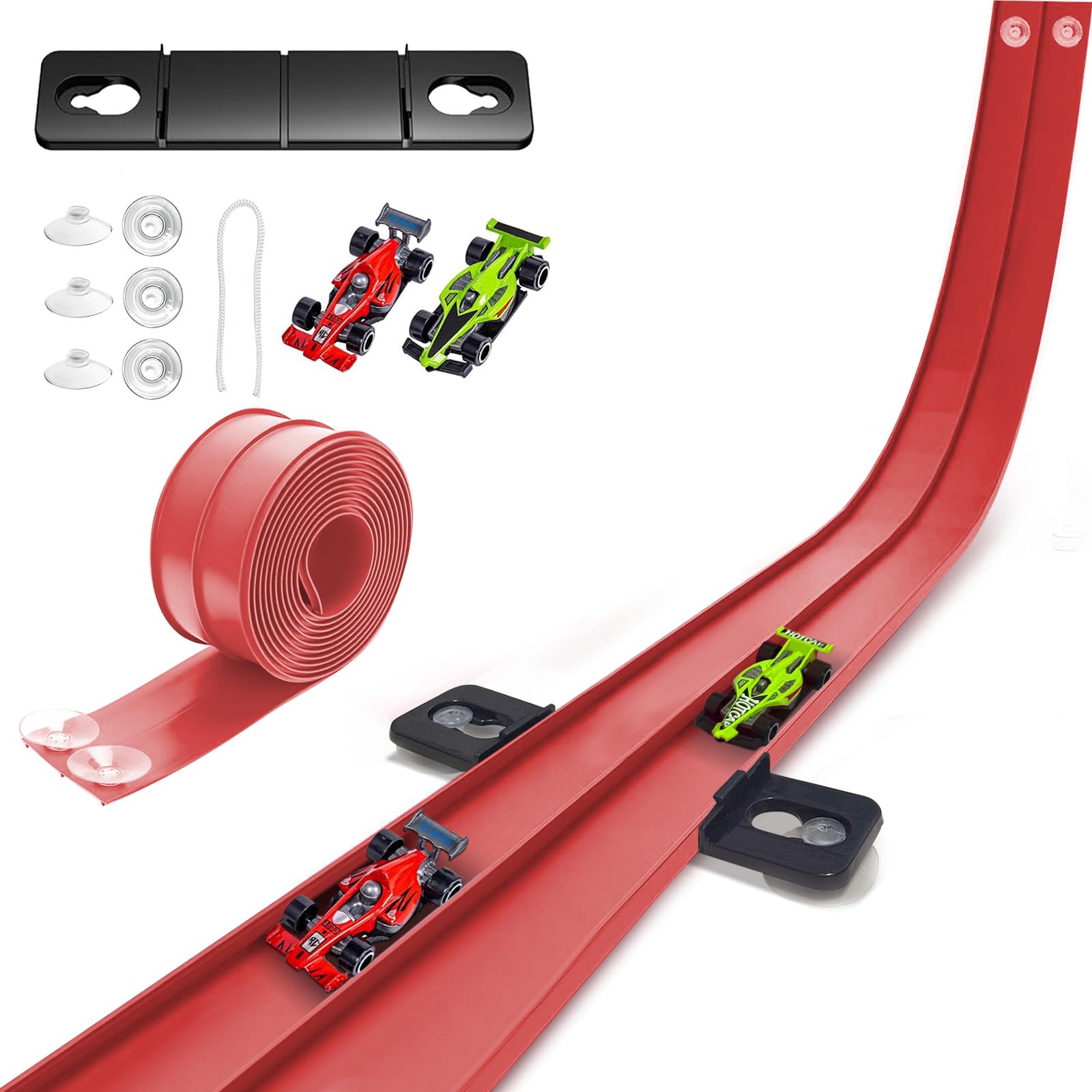 Photo 1 of 15 Ft Flexible Race Track for Kids, Two-Lane Flex Track for 1:64 Diecast Cars Toys, Includes 2 Cars & 6 Suction Cups & 1 Rope, Portable Design, Birthday Gift for Boys & Girls Ages 3-8