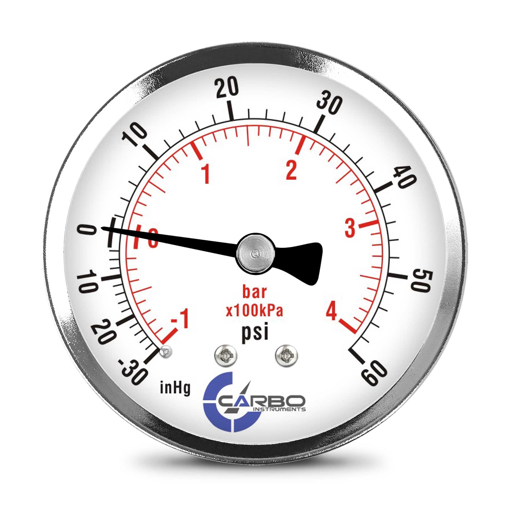 CARBO Instruments 2-1/2" Pressure Gauge, Chrome Plated Steel Case, Dry, Compound Vacuum -30 Hg - 0-60 psi Back Mount 1/4" NPT