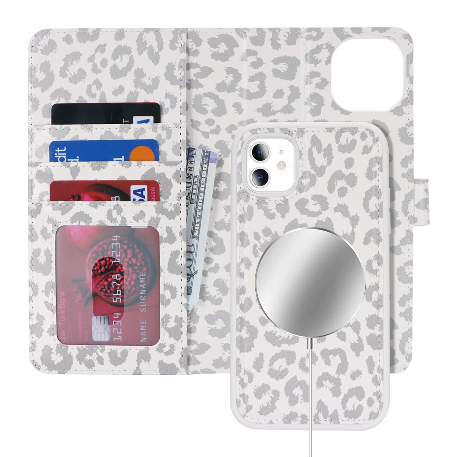 Photo 1 of ?????? for iPhone 11 Case Wallet Magsafe Compatible 2 in 1 Detachable with Card Holder Pu Leather Flip Folio Credit Card Slots Stand Magnetic Shockproof Phone Cover (6.1")-White Leopard Print