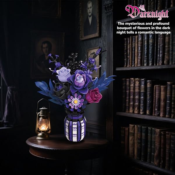 ZONECYTD FLOWERS BOUQUET BUILDING SET ROSES PURPLE BOTANICAL COLLECTION GOTHIC GIFTS FOR MOTHERS DAY FOR WOMEN ADULTS GIRLS 14+ HOME OFFICE DECOR