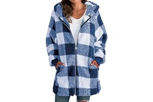 GENERIC Shackets for Women 2024 Fall Flannel Zip Up Fuzzy Plaid Jacket Plus Size Casual Winter Fleece Long Hoodie with Pocket