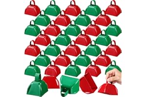 Treela 36 Pcs Metal Cowbell Noisemakers with Handles, Cow Bells Noise Makers for Sporting Events 3 Inch, Bulk Cheering Cowbell with Handle for Football Games Homecoming (Red, Green)