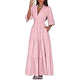 Lazysmile Long Sleeve Dresses For Women V Neck Hollow Out Eyelet Ruffle Swing A-Line Fall Vacation Boho Maxi Dress