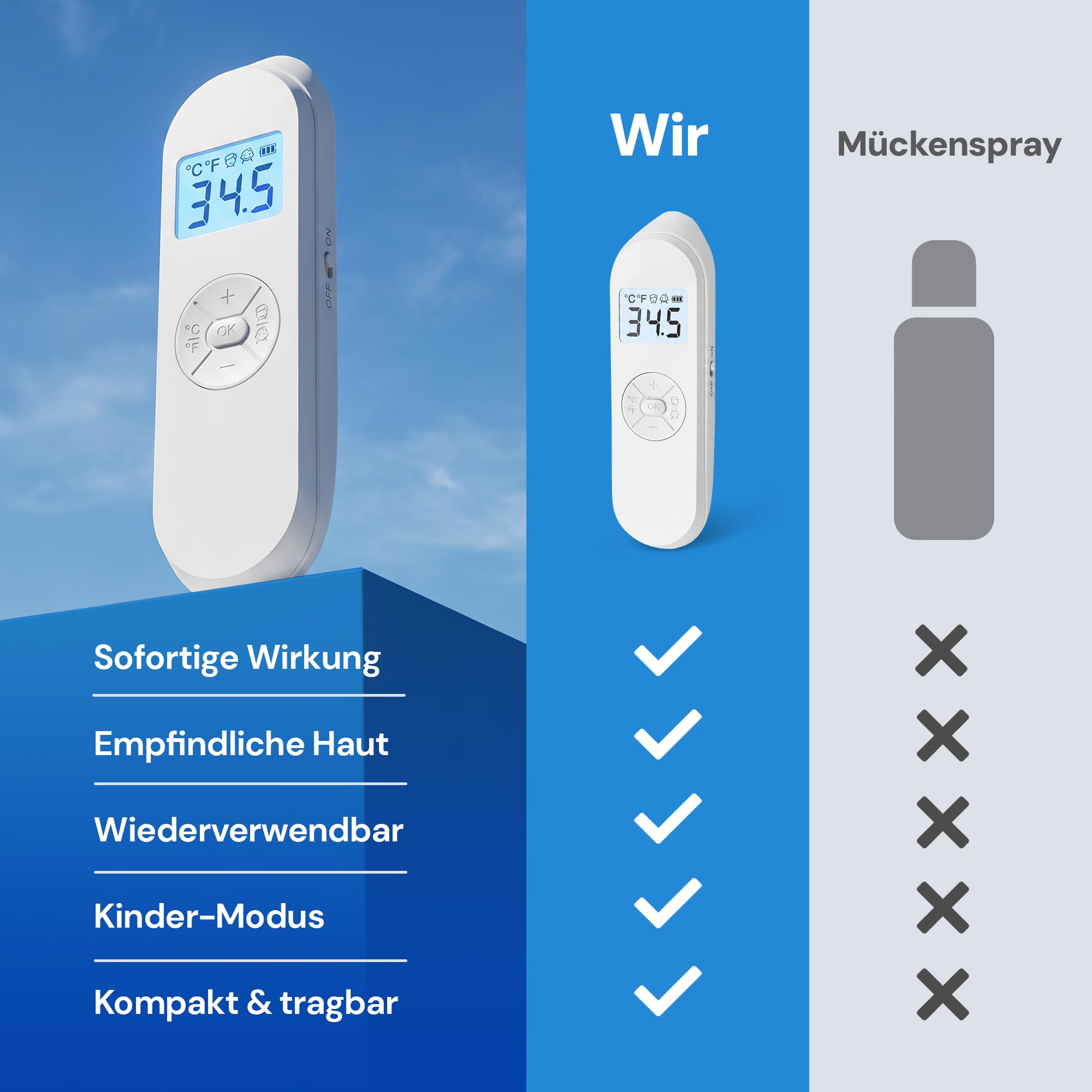 UPSHELL Mückenstich Hitzestift - Elektrischer Insektenstichheiler gegen Mücken- & Insektenstiche, LCD-Display, 30-55°C, USB-C, Kinder & Erwachsene 8