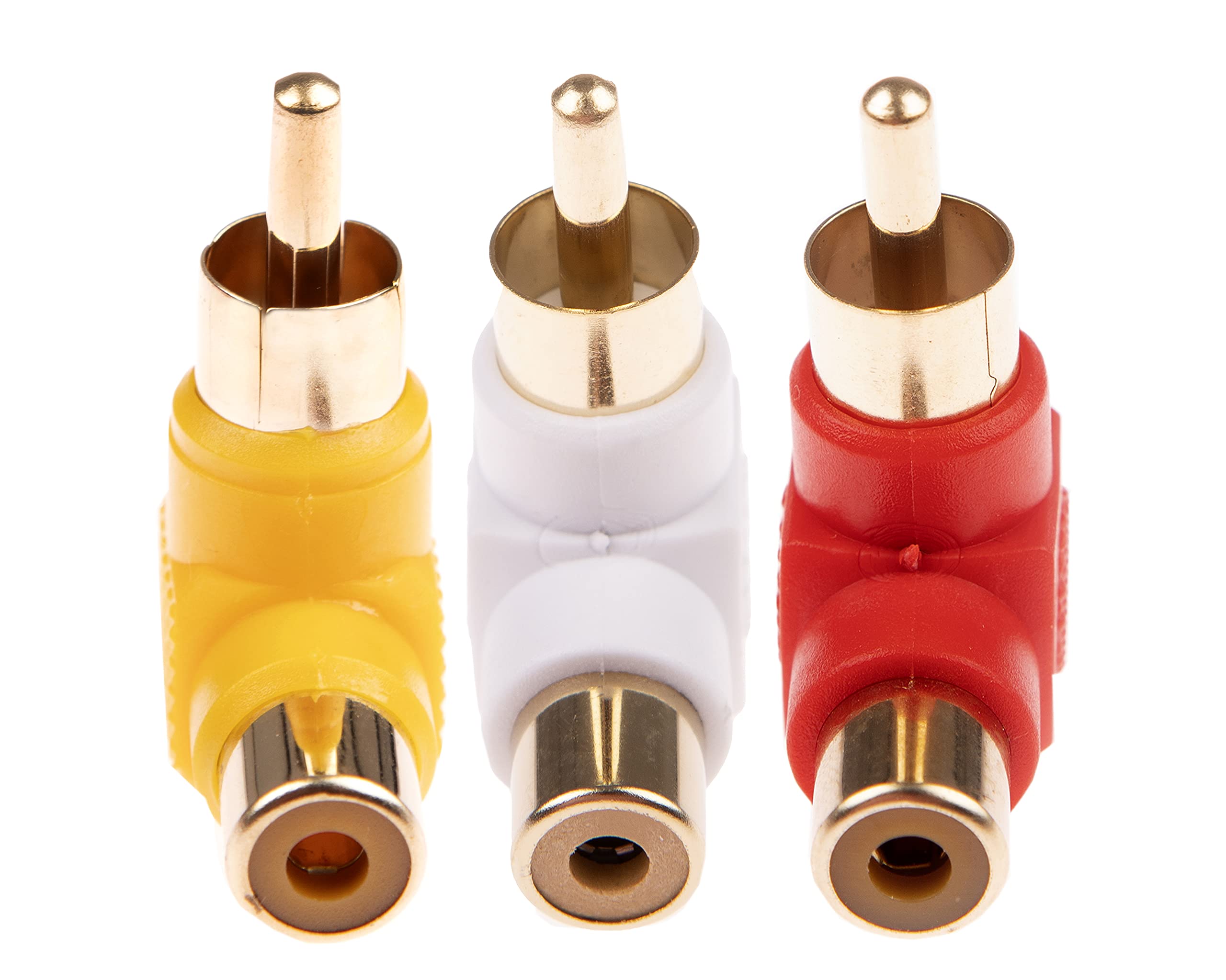CDL Micro Triple RCA/Phono 90 Degree/Right Angle M-F Adapter Gold - Red, White, Yellow