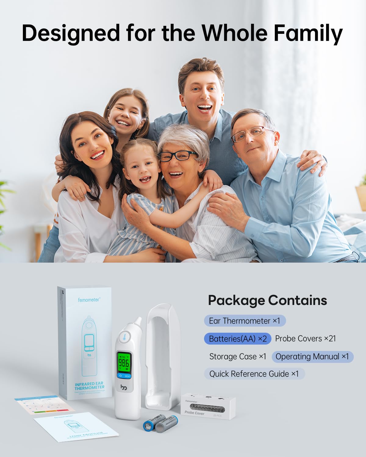 femometer Infrared Ear Thermometer for Adults & Kids, Highly Accurate, 1s Result, 30 Memory Recall, 3-Color Fever Alarm, with 21 Disposable Probe Covers & Storage Case