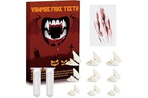 WITOROR 9 Pairs Vampire Teeth with 2 Tube Solid Adhesive-3 Sizes Fake Fangs for Cospaly, 4 Scar Stickers, Halloween and Christmas Party Costume Accessories, Dress Up Gift for Adults and Kids White