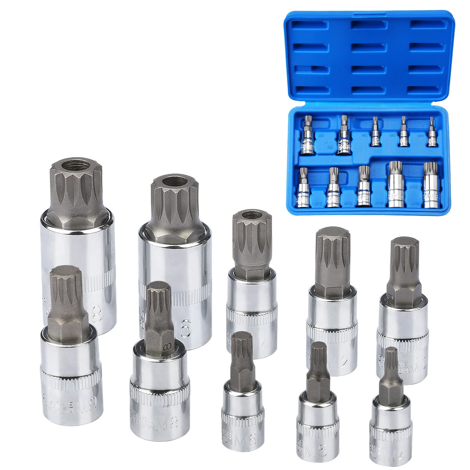 sukudon 10pcs Spline Set, M4 - M18 Spline Bit Socket Set Triple Square+ Storage Case — image 1