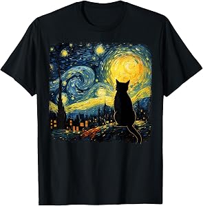 Funny Cat Starry Night Van Gogh Art T Shirts for Cat Lovers Mom Dad Tees
