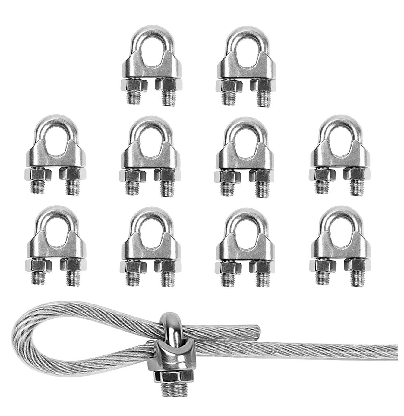 TERF® 10 Pcs Wire Rope Clip Clamps M6 for Ø 6mm (1/4") Rope Cable Grip Galvanized Steel U Bolt Saddle Fastener for Rigging and Tension Cable