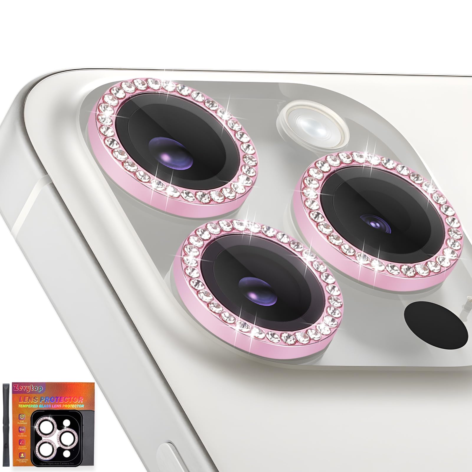 Photo 1 of Zevytop Camera Lens Protector for iPhone 16 Pro/iPhone 16 Pro Max, Individual Tempered Glass Camera Ring Lens Protector with Installation Tray Fit for iPhone 16 Pro/16 Pro Max Diamond Pink