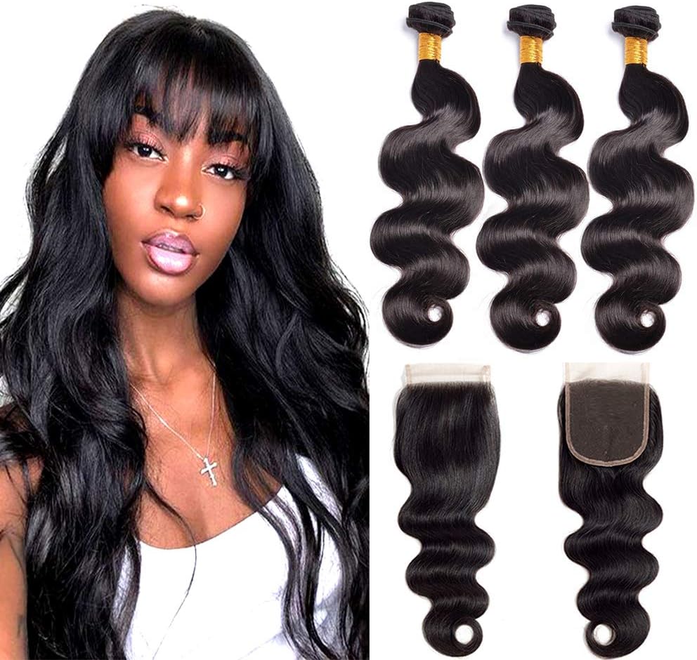 8A Brazilian Body Wave Bundles With Closure Free Part 100% Unprocessed Virgin Human Hair Extension Hair Weave Bundles With Lace Closure 4X4Inch Natural Color (BW 14 16 18+12 4x4)