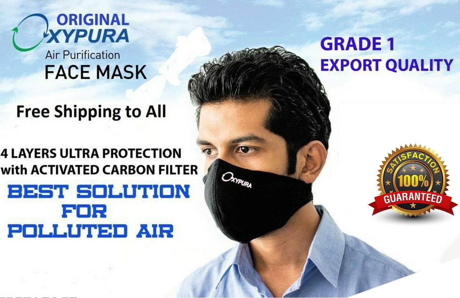 2 x Oxypura City Large Air Purifying Face Mask With Activated Carbon Filter Multi Layer