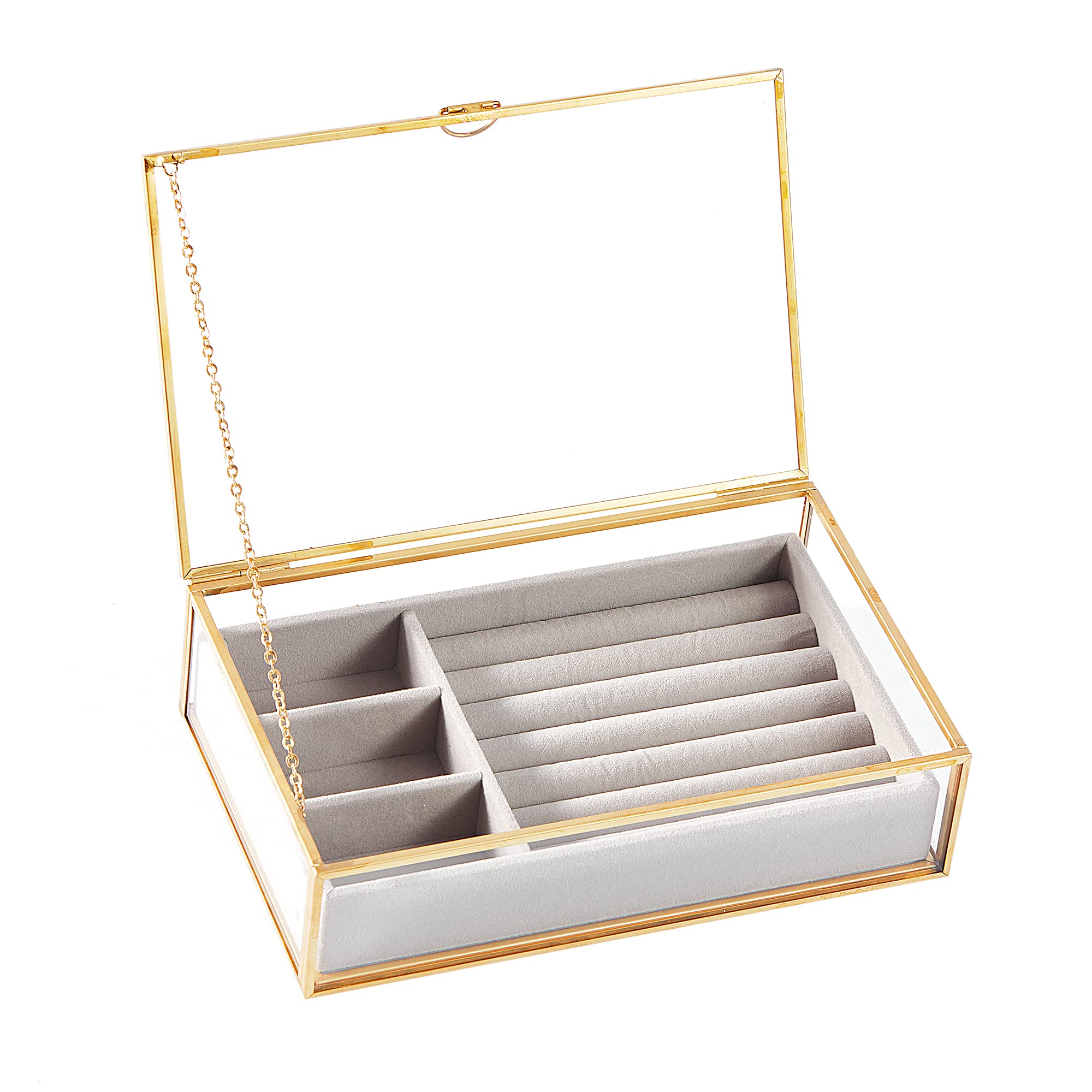HCENJOC Golden Vintage Clear Glass Jewelry Box with Gray Velvet Organizer (8.3x5.3x2 ​in)