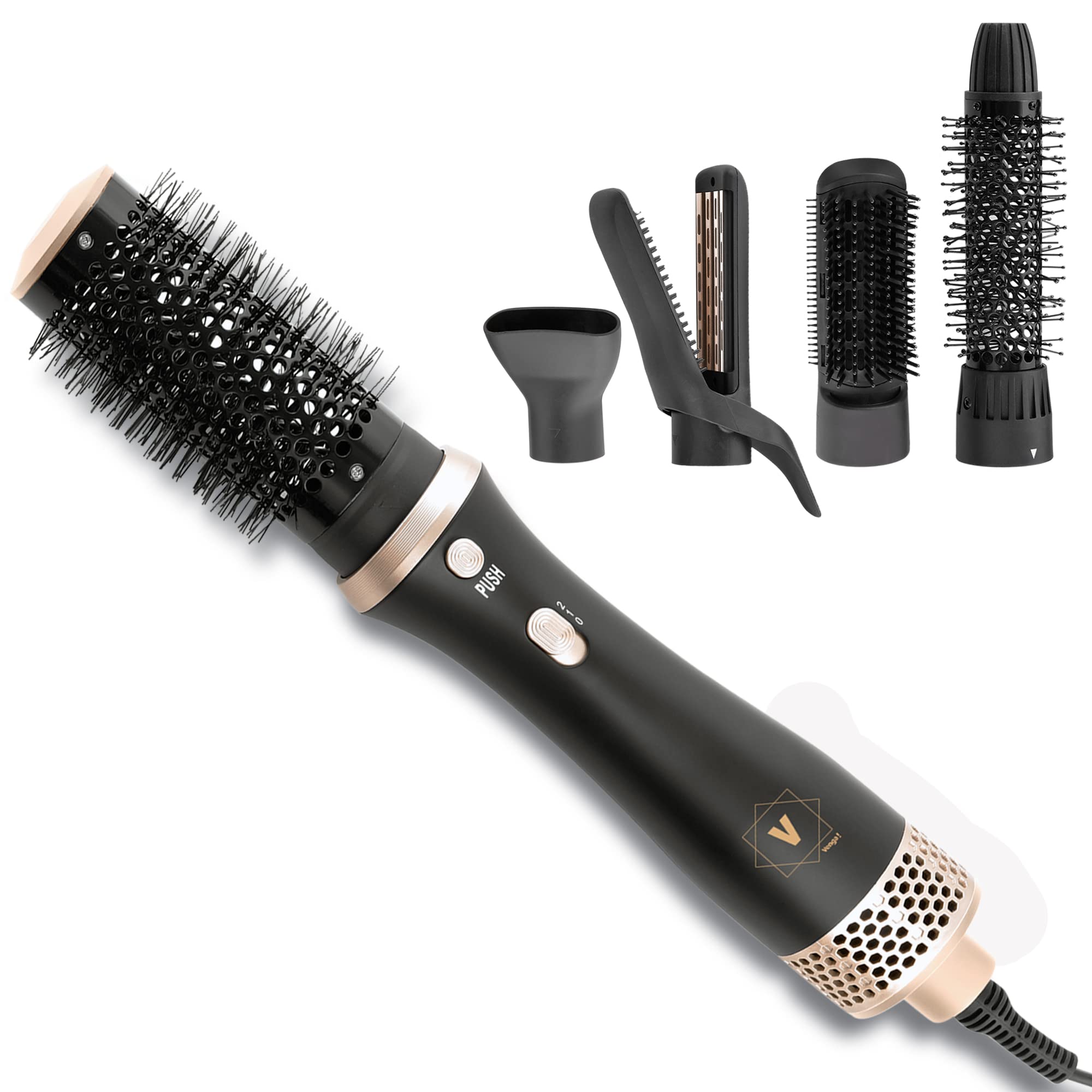 Venga! 5-in-1 Hot Air Styler for Hair Drying, Curling, Straightening, Volumising, Enhancing, Styling and Brushing, 5 Accessories, 6 Hair Clips, Black/Gold, 600 W, VG HCR 3001 BS