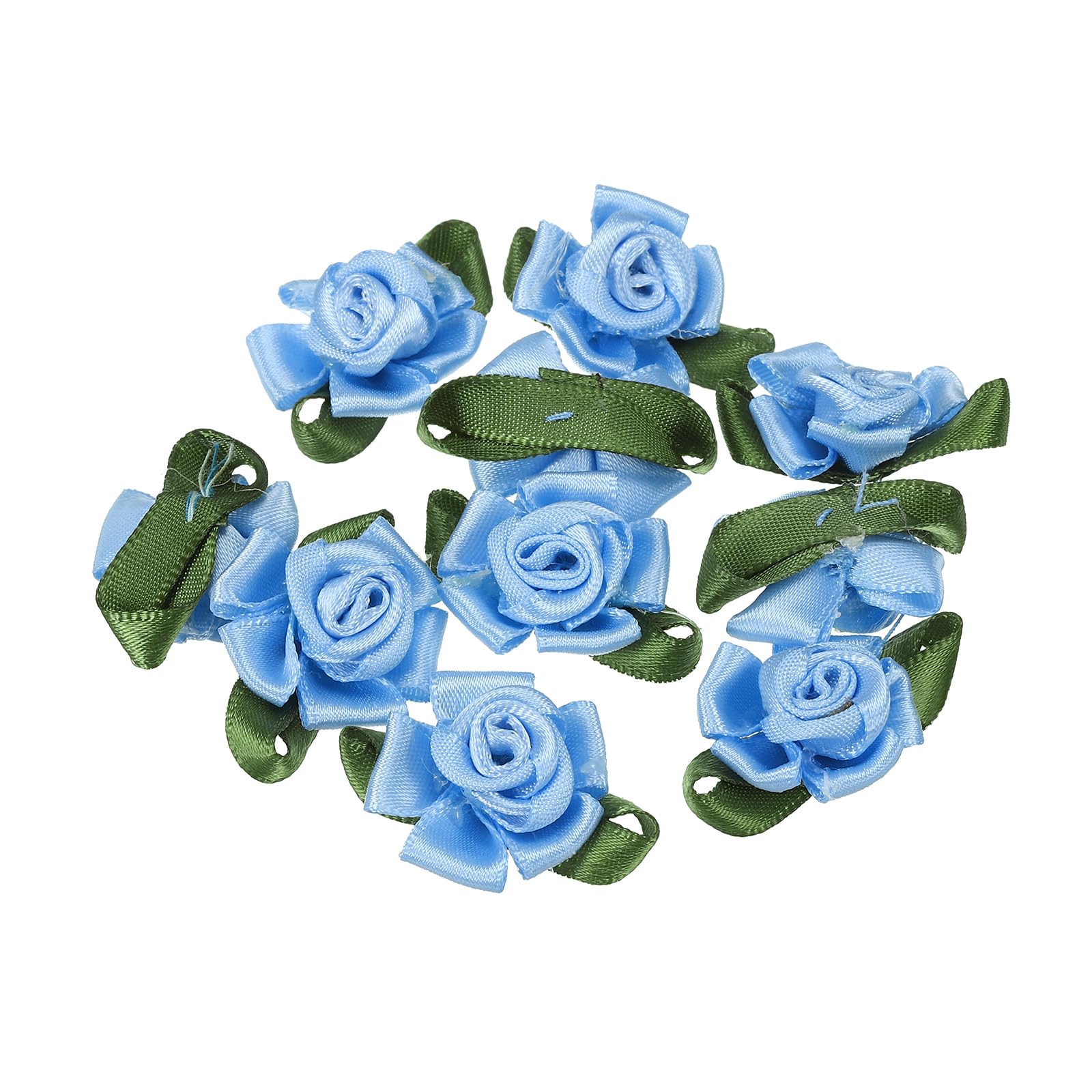 PATIKIL Mini Satin Ribbon Roses, 10 Pcs Small Rosettes Fabric Flowers with Green Leaves for Craft Projects Embellishments Applique, Blue — image 1