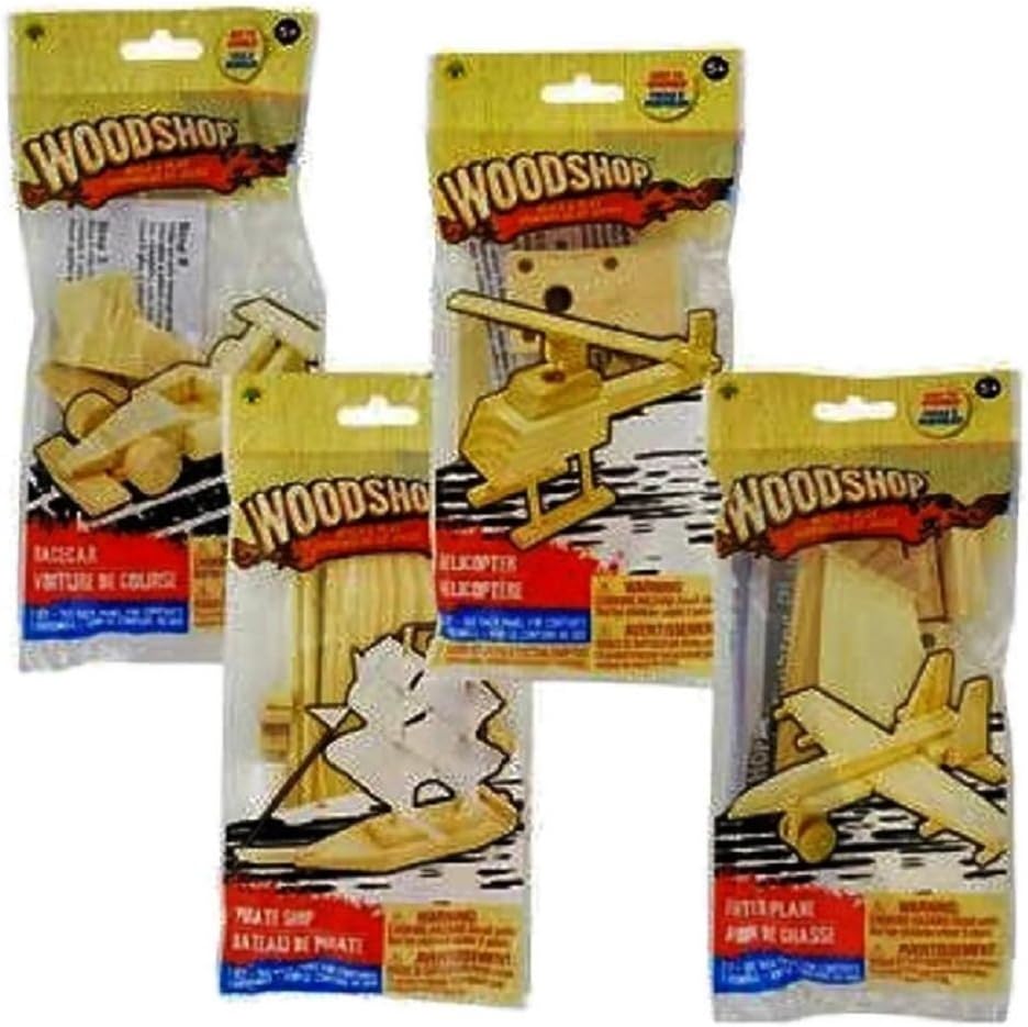 Build and Play Wooden Vehicle Kits, Pirate Ship, Fighter Plane, Racecar and Helicopter, 4-pk Set