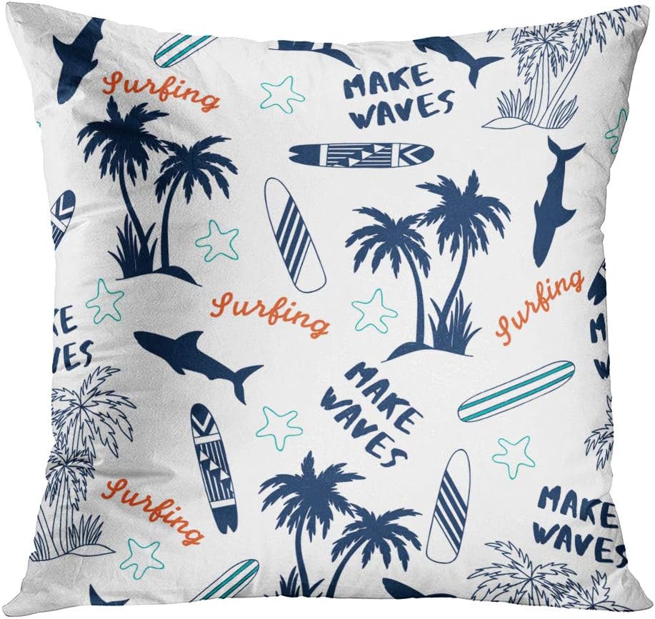 Llsty Throw Pillow Cover 20 x 20 inches Summer Seamless Pattern Design Palm Treesurfboard Shark Polyester Soft Square for Couch Sofa Bedroom