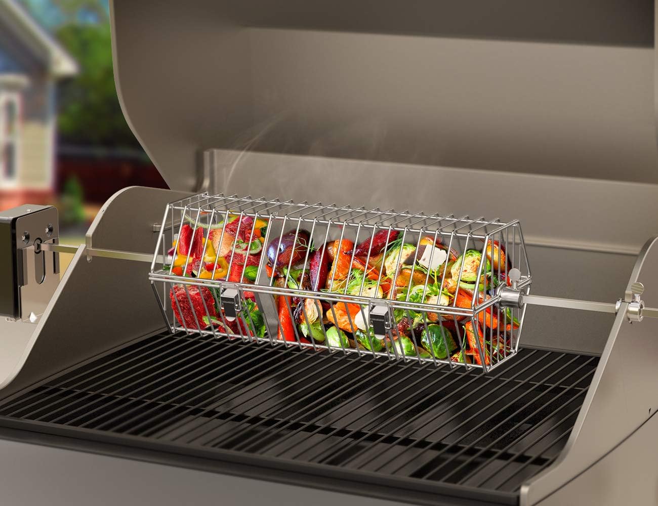 onlyfire 17-inch Stainless Steel Round Tumble Rotisserie Spit Rod Basket Fits for Any Grill : Garden & Outdoor